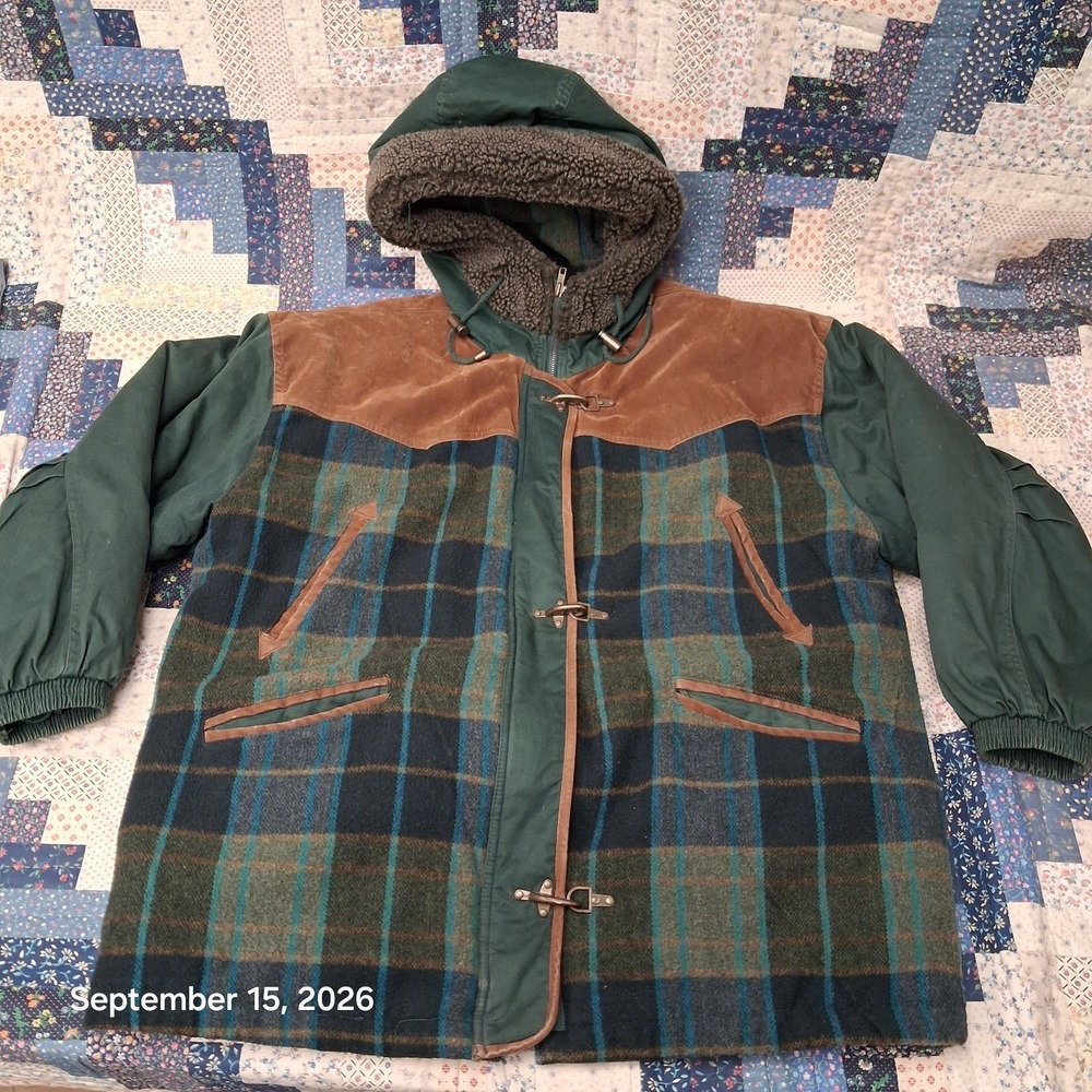 80s Vintage Mariel Wool Plaid Parka Jacket Womens L Green Toggle Clasp Hooded